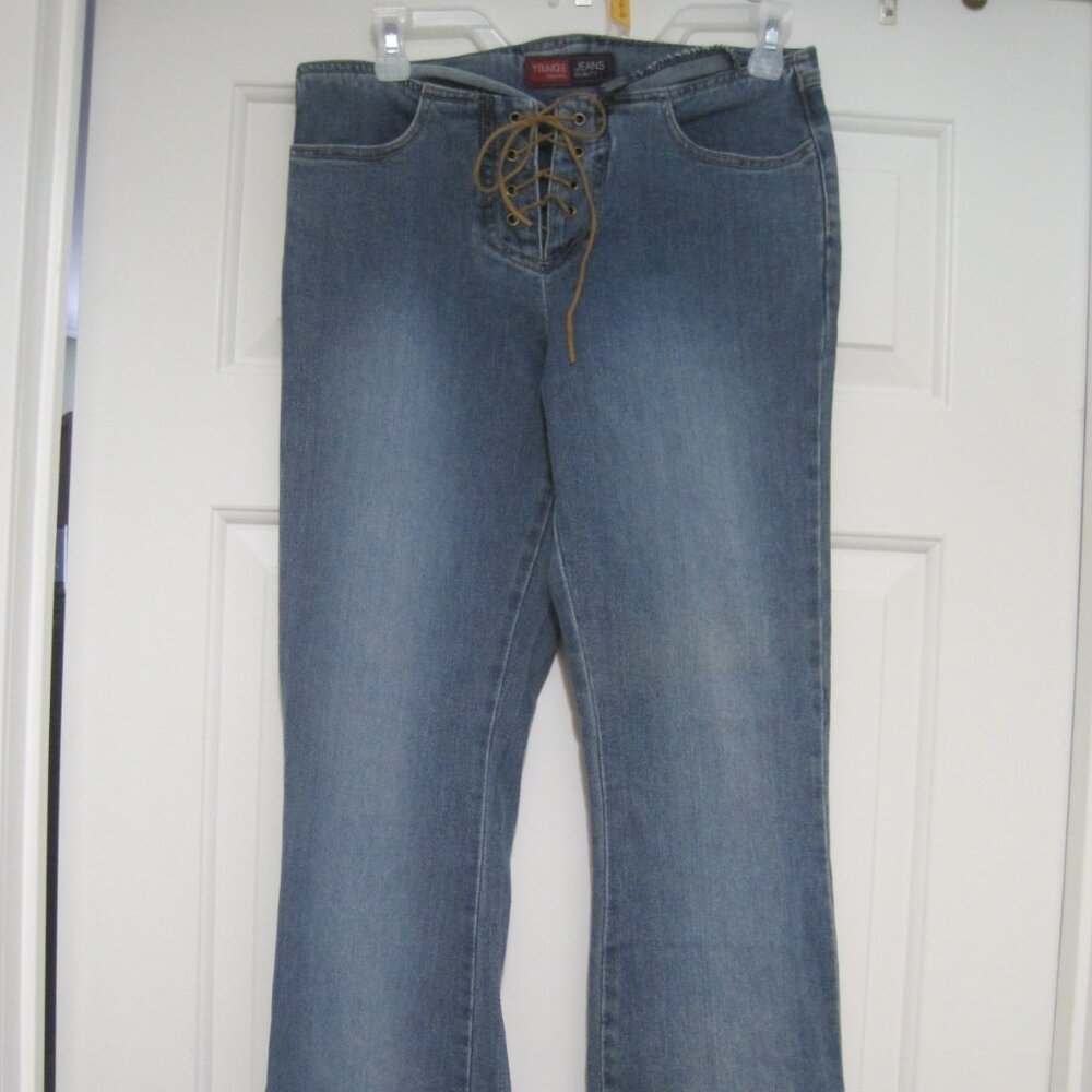 Younique Flared Brown Leather Lace Up Women's Size 7 Blue Jeans Denim Y2K 90s
